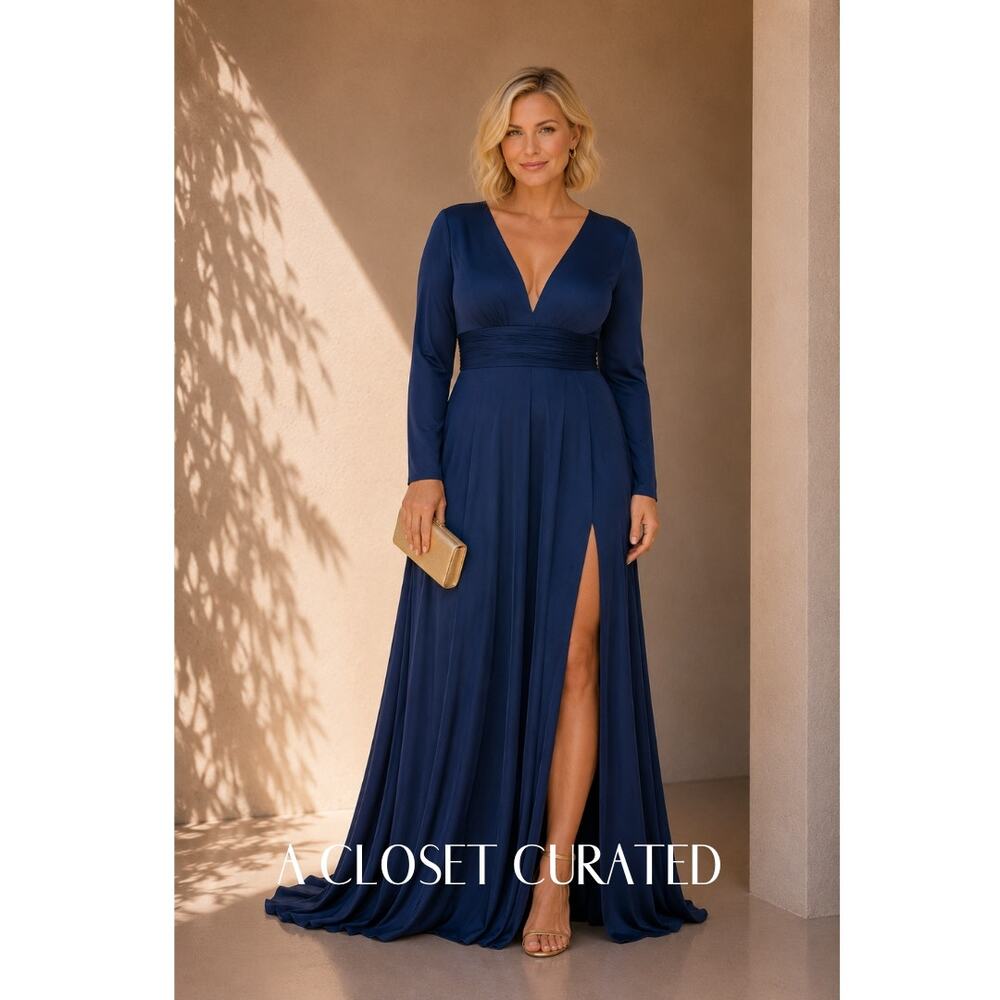 Mac Duggal Long Sleeve Ruched Waist A Line Gown 16 NWT Blue Style 55245